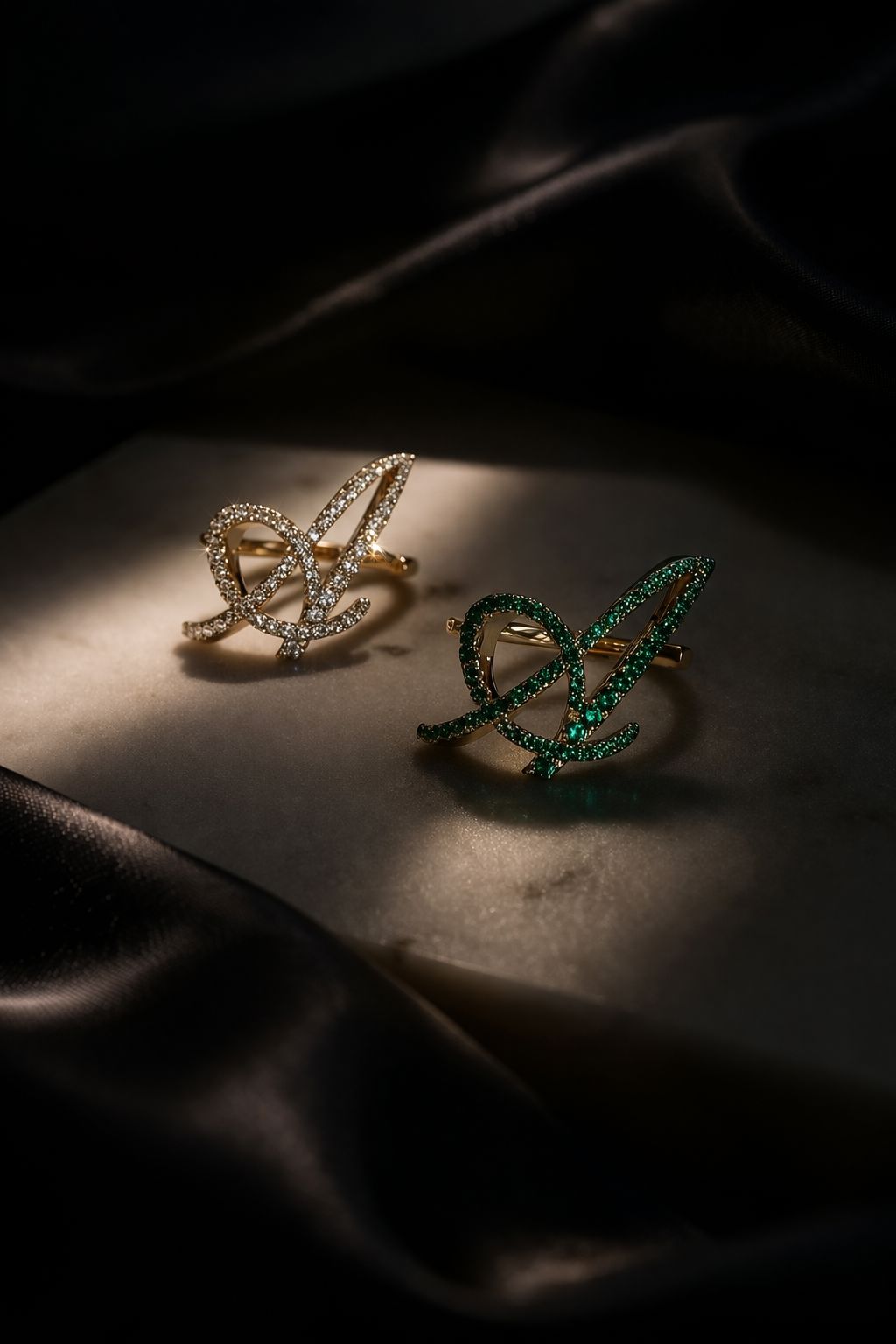 Emerald Statement Diamond Initial Ring LULU KACHOO